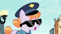 Size: 1280x720 | Tagged: safe, screencap, character:copper top, species:pony, episode:the gift of the maud pie, g4, my little pony: friendship is magic, clothing, lantern, manehattan, police officer, solo, sunglasses, uniform