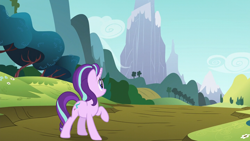 Size: 1280x720 | Tagged: safe, screencap, character:starlight glimmer, species:pony, species:unicorn, episode:no second prances, g4, my little pony: friendship is magic, cloud, confused, female, flower, forest, frown, hill, looking up, mare, mountain, path, raised hoof, scenery, sky, solo, tree