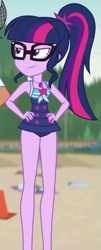 Size: 349x862 | Tagged: safe, screencap, character:timber spruce, character:twilight sparkle, character:twilight sparkle (scitwi), species:eqg human, episode:unsolved selfie mysteries, g4, my little pony:equestria girls, clothing, cropped, geode of telekinesis, glasses, hand on hip, legs, magical geodes, offscreen character, ponytail, sci-twi is not amused, sleeveless, swimsuit, unamused