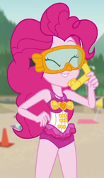 Size: 594x1007 | Tagged: safe, screencap, character:pinkie pie, episode:unsolved selfie mysteries, g4, my little pony:equestria girls, clothing, cropped, diving goggles, geode of sugar bombs, goggles, magical geodes, sleeveless, snorkel, swimsuit