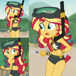 Size: 2048x2048 | Tagged: safe, screencap, character:sunset shimmer, episode:unsolved selfie mysteries, g4, my little pony:equestria girls, adorasexy, belly button, bikini, bikini babe, clothing, curvy, cute, diving goggles, geode of empathy, hourglass figure, magical geodes, midriff, sexy, shimmerbetes, snorkel, summer sunset, swimsuit, thighs