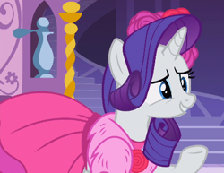 Size: 446x345 | Tagged: safe, screencap, character:rarity, species:pony, species:unicorn, episode:no second prances, g4, my little pony: friendship is magic, bracelet, clothing, cropped, cute, dress, female, flower, jewelry, mare, necklace, raised hoof, raised leg, raribetes, rose, smiling, solo