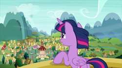 Size: 2880x1618 | Tagged: safe, screencap, character:twilight sparkle, character:twilight sparkle (alicorn), species:alicorn, species:pony, episode:the crystalling, g4, my little pony: friendship is magic, female, fluttershy's cottage, mare, mountain, plot, ponyville, ponyville schoolhouse, ponyville town hall, scenery, smiling, snowflake envelope, solo, town hall