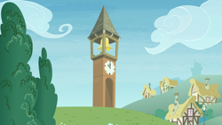 Size: 3840x2160 | Tagged: safe, screencap, episode:the maud couple, g4, my little pony: friendship is magic, background, bell, clock tower, cloud, day, grass, houses, lamppost, no pony, ponyville, scenery