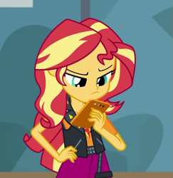 Size: 1051x1080 | Tagged: safe, screencap, character:sunset shimmer, episode:driving miss shimmer, g4, my little pony:equestria girls, cellphone, cropped, driving miss shimmer: rarity, female, frown, phone, smartphone, solo