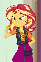 Size: 327x495 | Tagged: safe, screencap, character:sunset shimmer, episode:constructive criticism, g4, my little pony:equestria girls, bedroom eyes, clothing, cropped, female, geode of empathy, jacket, leather, leather jacket, magical geodes, raised eyebrow, shirt, shoulderless shirt, skirt, smiling, solo