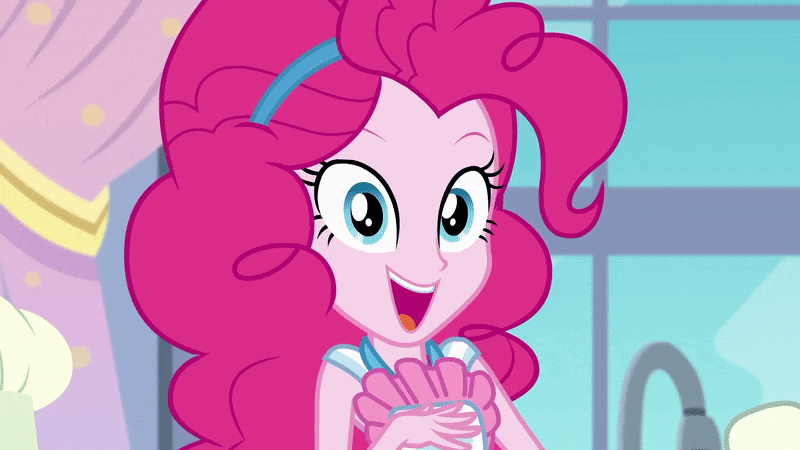 Size: 800x450 | Tagged: safe, screencap, character:pinkie pie, episode:the craft of cookies, g4, my little pony:equestria girls, animated, apron, clothing, cute, diapinkes, floating heart, gif, grin, happy, heart, heart hands, kitchen, looking at you, smiling, solo, squee, sweet dreams fuel