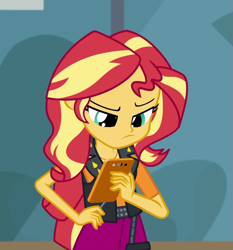 Size: 1007x1079 | Tagged: safe, screencap, character:sunset shimmer, episode:driving miss shimmer, g4, my little pony:equestria girls, cellphone, cropped, driving miss shimmer: rarity, female, frown, phone, smartphone, solo