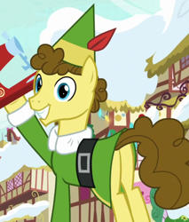 Size: 690x810 | Tagged: safe, screencap, species:earth pony, species:elf, species:pony, episode:best gift ever, g4, my little pony: friendship is magic, budding pine, buddy the elf, elf (movie), elf costume, male, solo, stallion
