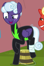 Size: 405x600 | Tagged: safe, screencap, character:rolling thunder, character:short fuse, species:pegasus, species:pony, episode:the washouts, g4, my little pony: friendship is magic, bandage, bucket, clothing, eye scar, female, folded wings, grin, injured, male, mare, open mouth, scar, smiling, solo focus, stallion, uniform, washouts uniform, wings