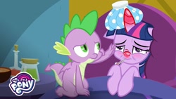 Size: 1280x720 | Tagged: safe, screencap, character:spike, character:twilight sparkle, character:twilight sparkle (alicorn), species:alicorn, species:dragon, species:pony, episode:ail-icorn, bed, caring for the sick, floppy ears, ice, ice pack, my little pony logo, red horn, red nosed, sick, sicklight sparkle, swelling, swollen horn, toe curl, winged spike, youtube thumbnail