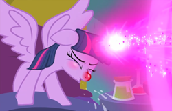 Size: 1120x720 | Tagged: safe, screencap, character:twilight sparkle, character:twilight sparkle (alicorn), species:alicorn, species:pony, episode:ail-icorn, bed, blast, eyes closed, magic, magic blast, red horn, red nosed, sick, sicklight sparkle, sneeze spray, sneezing, spray, spread wings, wings