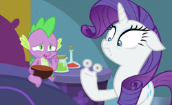 Size: 1782x1080 | Tagged: safe, screencap, character:rarity, character:spike, species:dragon, species:pony, species:unicorn, episode:ail-icorn, bed, claws, female, male, mare, rariskate, wat, wheel, winged spike