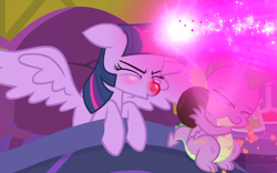 Size: 1152x720 | Tagged: safe, screencap, character:spike, character:twilight sparkle, character:twilight sparkle (alicorn), species:alicorn, species:dragon, species:pony, episode:ail-icorn, bed, blast, bowl, duo, eyes closed, female, magic, magic blast, red nosed, sick, sicklight sparkle, sneeze spray, sneezing, spread wings, winged spike, wings