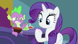 Size: 1280x720 | Tagged: safe, screencap, character:rarity, character:spike, species:pony, species:unicorn, episode:ail-icorn, bed, duo, gritted teeth, sparkles