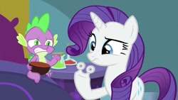 Size: 1280x720 | Tagged: safe, screencap, character:rarity, character:spike, species:dragon, species:pony, species:unicorn, episode:ail-icorn, bed, female, male, mare, rariskate, winged spike