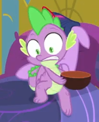 Size: 207x255 | Tagged: safe, screencap, character:spike, character:twilight sparkle, character:twilight sparkle (alicorn), species:alicorn, species:dragon, species:pony, episode:ail-icorn, bed, bowl, claws, cropped, male, shocked, tail, winged spike