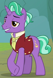 Size: 530x785 | Tagged: safe, screencap, character:firelight, species:pony, species:unicorn, episode:the parent map, g4, clothing, lidded eyes, male, necktie, smiling, solo, stallion, vest