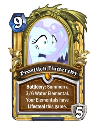 Size: 720x960 | Tagged: safe, screencap, character:fluttershy, species:pony, episode:ail-icorn, card, fluttercold, freezing, hearthstone, jaina proudmoore, shivering, shrunken pupils, snow, warcraft