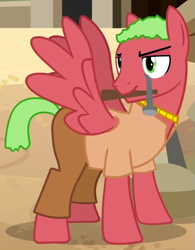 Size: 435x558 | Tagged: safe, screencap, species:pegasus, species:pony, episode:daring done, aten (character), background pony, cropped, hammer, male, mouth hold, solo, stallion, tut jannah
