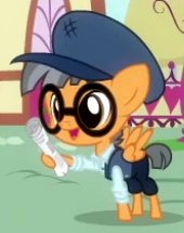 Size: 170x215 | Tagged: safe, screencap, species:pegasus, species:pony, episode:daring done, colt, foal, glasses, male, newspaper, printing press (character), solo