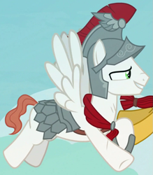 Size: 715x815 | Tagged: safe, screencap, character:albus, character:flash magnus, species:pegasus, species:pony, episode:campfire tales, g4, my little pony: friendship is magic, background pony, cropped, flying, helmet, male, royal legion, solo focus, stallion