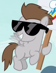 Size: 330x432 | Tagged: safe, screencap, species:pegasus, species:pony, episode:fame and misfortune, g4, my little pony: friendship is magic, blank flank, colt, cutie mark, male, overcast (character), rainbow dash's cutie mark, sign, sunglasses
