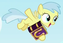 Size: 400x270 | Tagged: safe, screencap, species:pegasus, species:pony, episode:fame and misfortune, g4, my little pony: friendship is magic, background pony, book, cropped, female, filly, foal, lemon cirrus, solo