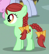 Size: 168x185 | Tagged: safe, screencap, character:candy apples, species:earth pony, species:pony, episode:the perfect pear, g4, my little pony: friendship is magic, apple family member, braid, braided tail, female, filly, solo, younger