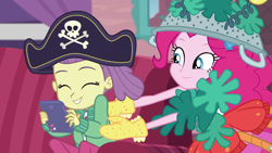 Size: 1920x1080 | Tagged: safe, screencap, character:pinkie pie, species:crab, episode:pinkie sitting, g4, my little pony:equestria girls, animal costume, clothing, costume, cute, hat, lily pad (equestria girls), pirate hat, tickling, young