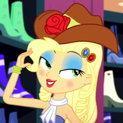 Size: 780x780 | Tagged: safe, screencap, character:applejack, episode:make up shake up, eqg summertime shorts, g4, my little pony:equestria girls, applejewel, bare shoulders, cropped, eyeshadow, fall formal outfits, female, lidded eyes, lipstick, makeup, sleeveless, smiling, solo, strapless, when she smiles