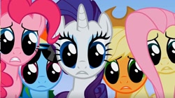 Size: 1152x643 | Tagged: safe, screencap, character:applejack, character:fluttershy, character:pinkie pie, character:rainbow dash, character:rarity, species:earth pony, species:pegasus, species:pony, species:unicorn, episode:lesson zero, g4, my little pony: friendship is magic, female, looking at you, mare