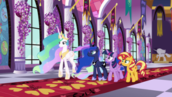 Size: 1920x1080 | Tagged: safe, screencap, character:princess celestia, character:princess luna, character:sunset shimmer, character:twilight sparkle, character:twilight sparkle (alicorn), species:alicorn, species:pony, species:unicorn, equestria girls:forgotten friendship, g4, my little pony:equestria girls, canterlot castle, carpet, decoration, ethereal mane, female, flag, flower, hallway, lavender, line-up, mare, mural, quartet, red carpet, statue, window