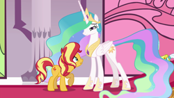 Size: 1920x1080 | Tagged: safe, screencap, character:princess celestia, character:sunset shimmer, species:alicorn, species:pony, species:unicorn, equestria girls:forgotten friendship, g4, my little pony:equestria girls, begging, carpet, fear, female, forgiveness, mare, reconciliation, red carpet, remorse, reunion, smiling, stained glass, the prodigal sunset, throne room
