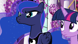 Size: 1920x1080 | Tagged: safe, screencap, character:princess luna, character:twilight sparkle, character:twilight sparkle (alicorn), species:alicorn, species:pony, equestria girls:forgotten friendship, g4, my little pony:equestria girls, duo, ethereal mane, female, flower, galaxy mane, lavender, mare, scowl, window