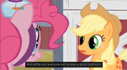 Size: 635x354 | Tagged: safe, screencap, character:applejack, character:pinkie pie, species:pony, episode:party of one, g4, my little pony: friendship is magic, caption, implied shipping, kissing, subtitles, translation