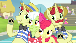 Size: 1280x720 | Tagged: safe, screencap, character:apple bloom, character:flam, character:flim, character:granny smith, species:earth pony, species:pony, species:unicorn, episode:leap of faith, g4, my little pony: friendship is magic, cute, facial hair, female, filly, flim flam brothers, flim flam miracle curative tonic, fraud, male, mare, moustache, ponyville, quartet, raised eyebrow, stallion, swimming pool, water