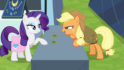 Size: 1280x720 | Tagged: safe, screencap, character:applejack, character:rarity, species:pony, episode:trade ya, g4, my little pony: friendship is magic, applejack's hat, bet, brooch, clothing, cowboy hat, hat, jewelry, necklace, saddle bag, stetson
