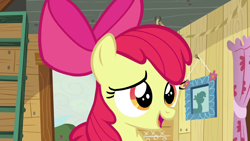 Size: 1280x720 | Tagged: safe, screencap, character:apple bloom, species:pony, episode:bloom and gloom, g4, my little pony: friendship is magic, clubhouse, crusaders clubhouse, curtain, ladder, picture, solo