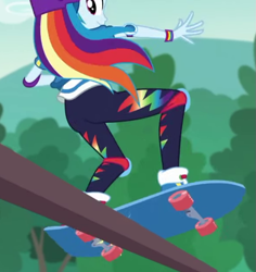 Size: 585x620 | Tagged: safe, screencap, character:rainbow dash, episode:sic skateboard, g4, my little pony:equestria girls, ass, clothing, cropped, female, leggings, not an edit, rainbutt dash, rear view, skateboard, solo