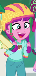Size: 367x768 | Tagged: safe, screencap, character:lily longsocks, episode:sic skateboard, g4, my little pony:equestria girls, background human, cropped, cute, female, gallop j. fry, helmet, offscreen character, solo focus