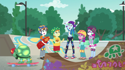Size: 1920x1080 | Tagged: safe, screencap, character:lily longsocks, character:rainbow dash, character:super funk, character:tank, episode:sic skateboard, g4, my little pony:equestria girls, background human, clothing, converse, dress, gallop j. fry, helmet, little red, shoes, skateboard, written equestrian