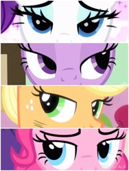 Size: 1200x1600 | Tagged: safe, screencap, character:applejack, character:pinkie pie, character:rarity, character:twilight sparkle, species:pony, episode:secret of my excess, episode:simple ways, episode:the last roundup, g4, my little pony: friendship is magic, bedroom eyes, collage, smiling, smirk