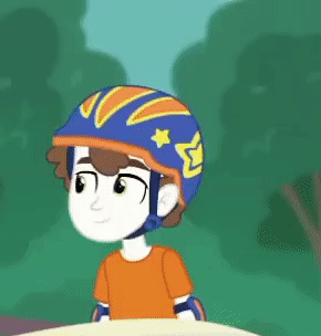 Size: 290x304 | Tagged: safe, screencap, character:rainbow dash, character:super funk, episode:sic skateboard, g4, my little pony:equestria girls, animated, background human, clothing, cropped, female, gif, helmet, out of context, smiling, thumbs up