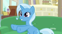 Size: 1600x900 | Tagged: safe, screencap, character:trixie, species:pony, species:unicorn, episode:on the road to friendship, couch, cute, diatrixes, female, grin, happy, hooves, hooves out, looking at you, mare, sitting, smiling, solo, squee, underhoof