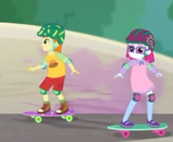 Size: 358x294 | Tagged: safe, screencap, episode:sic skateboard, g4, my little pony:equestria girls, background human, clothing, cropped, dress, female, gallop j. fry, helmet, knee pads, little red, male, shoes, shorts, skateboard