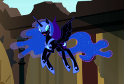Size: 1220x832 | Tagged: safe, screencap, character:nightmare moon, character:princess luna, species:alicorn, species:pony, episode:do princesses dream of magic sheep?, castle of the royal pony sisters, cropped, ethereal mane, female, flying, open mouth, solo, surprised