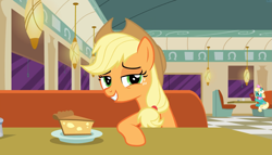 Size: 1637x938 | Tagged: safe, screencap, character:applejack, species:earth pony, species:pony, episode:the saddle row review, g4, my little pony: friendship is magic, apple, apple pie, diner, female, food, honey curls, lidded eyes, mare, mare e. lynn, pie, smiling