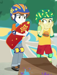 Size: 436x581 | Tagged: safe, screencap, character:super funk, episode:sic skateboard, g4, my little pony:equestria girls, background human, clothing, cropped, gallop j. fry, helmet, knee pads, male, pants, shoes, shorts, skateboard, sneakers