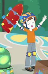 Size: 433x673 | Tagged: safe, screencap, character:super funk, character:tank, episode:sic skateboard, g4, my little pony:equestria girls, background human, cheering, clothing, eyes closed, helmet, knee pads, male, offscreen character, pants, shoes, skateboard, sneakers